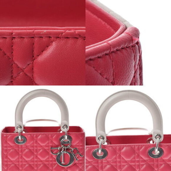 CHRISTIAN DIOR Lady Cannage Bicolor Beige Red Lambskin Handbag - Picture 9 of 12